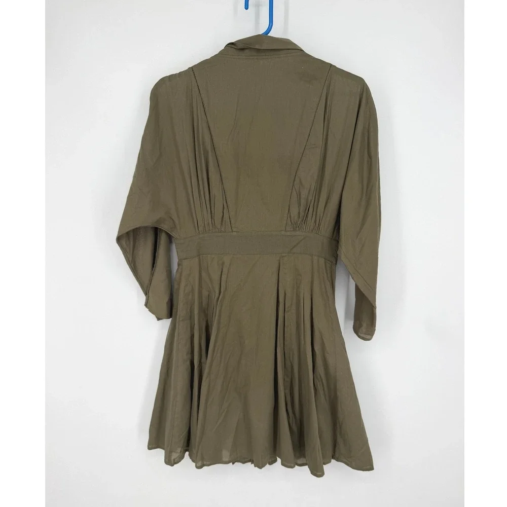 Free People Olive Green Cotton Notch Lapel Dolman Pleated Mini Dress XS OB814985